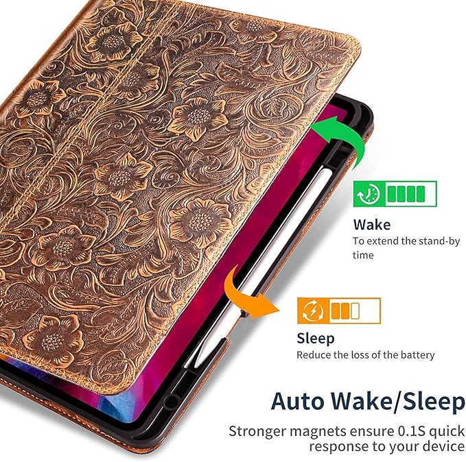 Gexmil Genuine Leather Case for iPad Pro 11 Inch (M5/M4) 2025/2024 with Pencil HolderProtective Shockproof Leather Smart Folio Cover Adjustable Stand Auto Sleep/Wake Anti-Slip Flower Brown