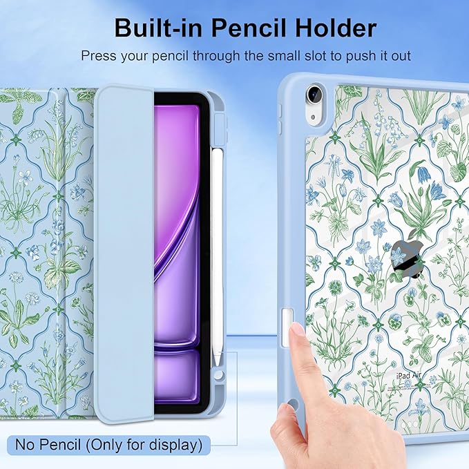 DONGKE Case for iPad Air 11-inch M4 2026 &amp M3 2025 &amp M2 2024 iPad Air 5th/4th Generation 10.9 2022/2020 [Built-in Pencil Holder] Clear Acrylic Back Trifold Stand Smart Cover Lattice Floral