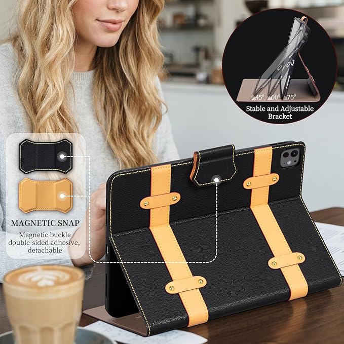 iPad Case for iPad Pro 13 Inch (M5/M4) 2025/2024Leather Folio Cover with Pencil HolderAuto Wake/Sleep Adjustable StandDetachable Magnetic Closure Protection Case-Multiple Straps Black