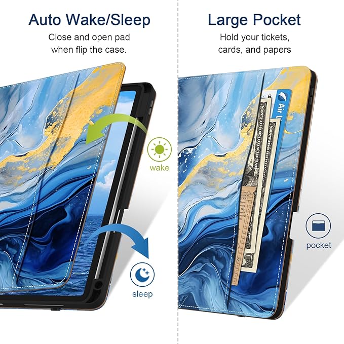 Case for iPad Pro 12.9 6th/5th/4th/3rd Generation 2022/2021/2020/2018 PU Leather 12.9 Cover with Pencil Holder/Multi-Angle Stand/PocketMarble Blue