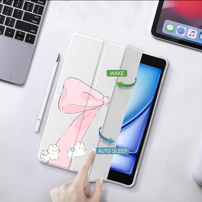 Idocolors Case for iPad 11 inch (A16 Chip) 2025 Generation 11th / iPad 10.9 inch 2022 10th Gen Built-in Pencil Holder with Soft TPU Shockproof Back Shell Auto Wake/Sleep Bunny Bow-White