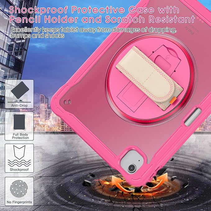 BRAECNstock Case for iPad Air 11-inch M4 2026/ M3 2025/ M2 2024 and Air 5th/4th Gen 10.9‘’ &amp Pro 11-inch 1st-4th 2018-2022 Kids Cover with Pencil HolderScreen ProtectorHandle Stand-Rose Red