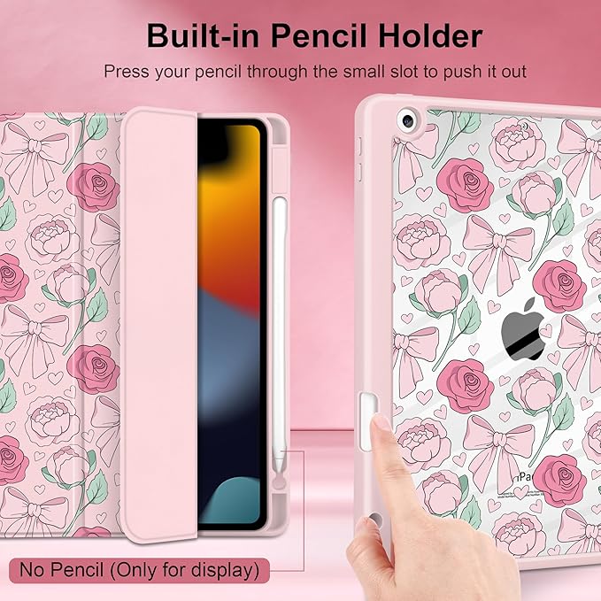 MEEgoodo Case for iPad 10.2 inchTablet Cases for iPad 9th Generation 2021/8th Gen 2020/7th Gen 2019 with Clear Acrylic Back Shell+Pencil Holder+Auto Wake/Sleep+Trifold Stand Pink Peony &amp Bow