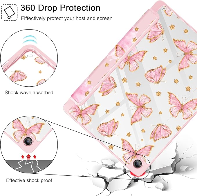 Tuiklol for Samsung Galaxy Tab A9+ Tablet 11” / A9+ Plus 2024 2023Buit-in S-Pen Holder with Clear Protective Cover Transparent Back Shell Auto Wake/Sleep Samsung Tab A9 Plus CoverButterfly Pink