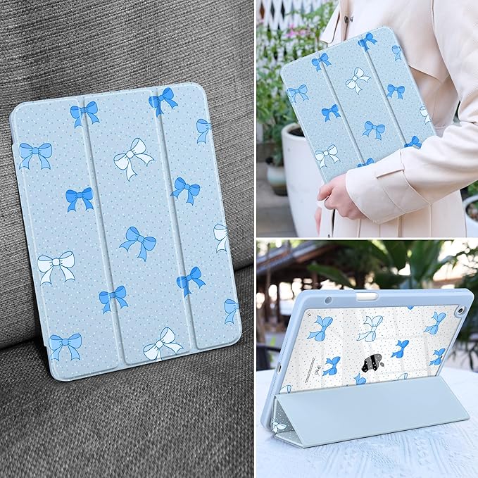 MEEgoodo Case for iPad 10.2 inchTablet Cases for iPad 9th Generation 2021/8th Gen 2020/7th Gen 2019 with Clear Acrylic Back Shell+Pencil Holder+Auto Wake/Sleep+Trifold Stand Blue Polka Dots &amp Bo