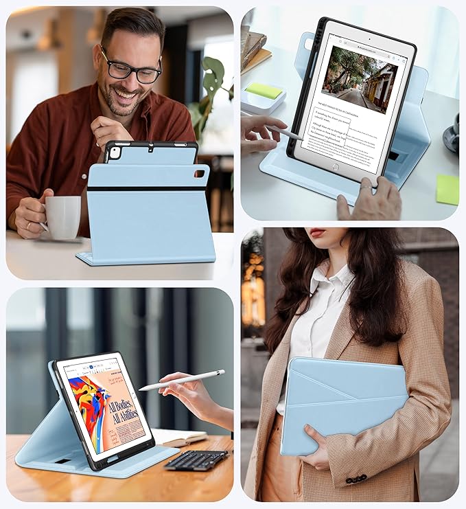 DTTO Rotating Case for iPad 6th / 5th Generation 9.7 Inch 2018/2017 iPad Air 2 / Air 1 Case 360 Degree Swiveling Premium Leather Folio Stand Cover with Pencil Holder - Auto Wake/Sleep Ice Blue
