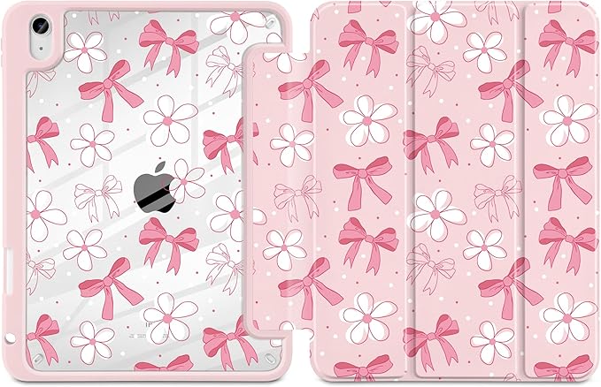 DONGKE Case for iPad (A16) 11th Generation 11 inch 2025 &amp iPad 10th Gen 10.9 inch 2022 [Built-in Pencil Holder] Clear Acrylic Back Trifold Stand Smart Cover Auto Sleep/Wake Bow &amp Daisy