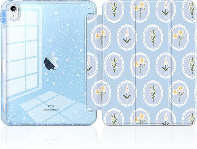 MEEgoodo Case for iPad A16 11th Generation 2025/10th Generation 2022 Glitter Tablet Cases with Transparent Acrylic Back+Trifold Stand +Pencil Holder+Auto Wake/SleepSpring Floral &amp Round Frame