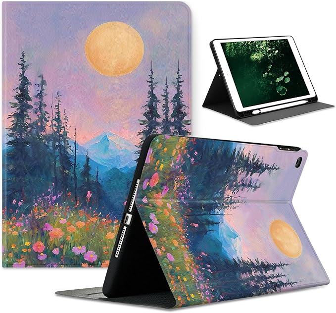 Compatible with iPad Air 13 inch Case (M3 2025 /M2 2024)/12.9 inch Case (6th/5th/4th/3rd 2022/2021/2020/2018) with Pencil HolderAuto Wake/Sleep Protect CoverTwilight Mountain Floral Scenery