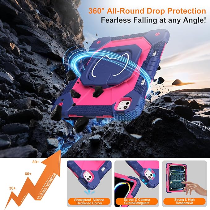 Case for iPad Pro 13 Inch M5 2025 / M4 2024 Auorld for iPad Pro 13 Inch M5 2025 with Screen Protector 360 Degree Rotating Stand Shoulder Strap Pencil Holder Navy Pink