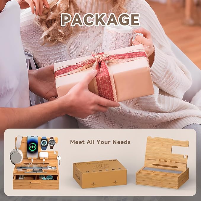 Pezin &amp Hulin Wooden Charging Station Bedside Nightstand Tray with Spacious Drawer Felt Pads for Phones Watch Idea Gifts for Him Birthday Son Christmas for Papa Fathers Day (Nature)