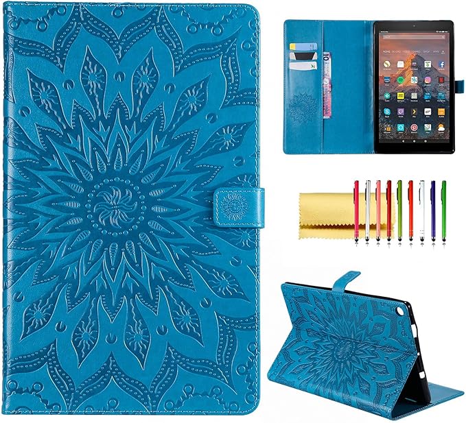 Folio Case for Fire HD 10 (9th/7th/5th Generation 2019/2017/2015 Release) Techcircle Sunflower Embossed Stand Protective Cover with Card/Cash Holder for Amazon Fire HD 10.1 Inch Tablet Blue