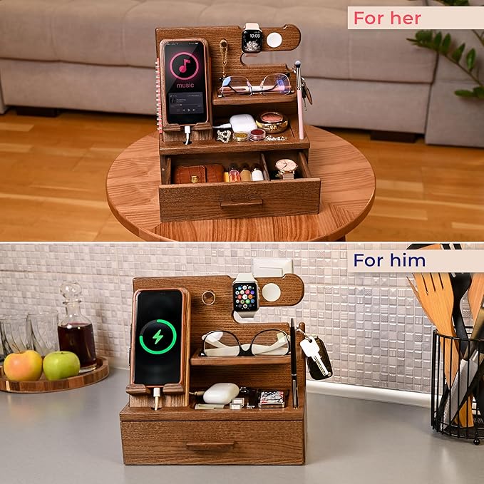 TESLYAR Wood Phone Docking Station with Drawer - Nightstand Organizer - Desk Organizer for Husband - Birthday Gifts for Men Dad Anniversary Idea Key Holder Stand Watch &amp Accessories (Earth Beig