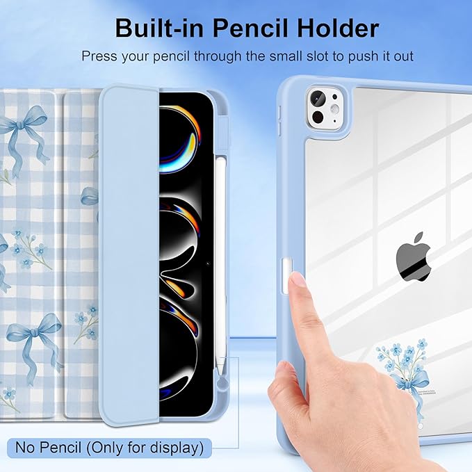 TWOLSKOO Case for iPad Pro 11-inch (M5 2025 / M4 2024) Clear Acrylic Back with TPU Bumper Pencil Holder Trifold Stand Auto Sleep/Wake Blue Gingham Bows