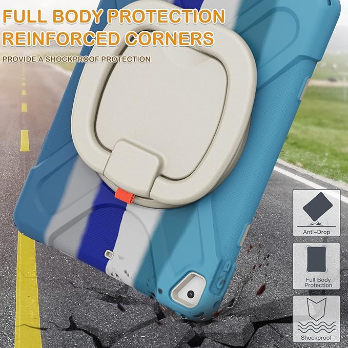 BRAECN Case for 9.7 Inch iPad 6th/5th Generation/iPad Pro 9.7 Inch/iPad Air 2 Full-Body Rugged Case w/Pencil Holder/Swivel Stand/Hand Grip/Adjustable Shoulder Strap for Boys &ampGirls-Colorful Blue