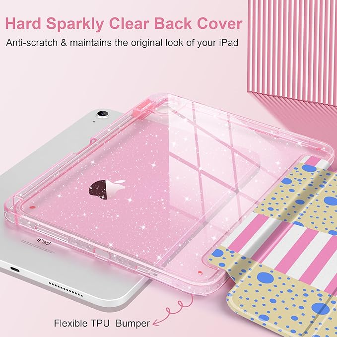 MEEgoodo Case for iPad A16 11th Generation 2025/10th Generation 2022 Glitter Tablet Cases with Transparent Acrylic Back+Trifold Stand +Pencil Holder+Auto Wake/SleepPink Stripes &amp Blue Dots