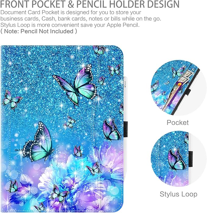 iPad Pro 13 inch Case (M5)2025 Case for iPad Pro 13-inch (M4) 2024 with Pencil Holder Multi-Angle View Adjustable Stand Shockproof Protective with Pocket/Hand Strap/Auto Wake SleepFlowers Butterfly