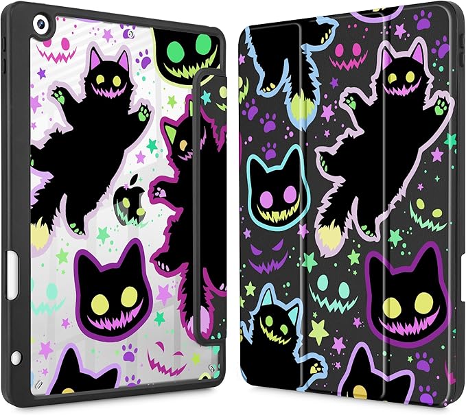 for iPad 9th Generation with Pencil Holder iPad 8th/7th Gen Case 10.2-inch [Built in Pencil Holder] Trifold Stand Auto Wake/Sleep Clear TPU Protection Back Cover Creepy &amp Funny Cats