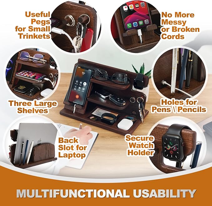 TESLYAR Wood Phone Docking Station for Men - Desktop or Nightstand Organizer - Birthday gifts for Men or Dad - Anniversary Idea from Wife - Key Holders for Wallet Watch &amp Essentials (Chestnut Br