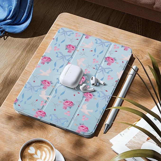 MAYCARICute Bow Floral Case for 10.9 Inch Ipad Air 4/Air 5 Kawaii Flowers Bowknot Cover for Ipad Cartoon Bird Animal Case(2020/2022) Shockproof Auto Sleep/Wake Cover with Pencil Holder Girls Women