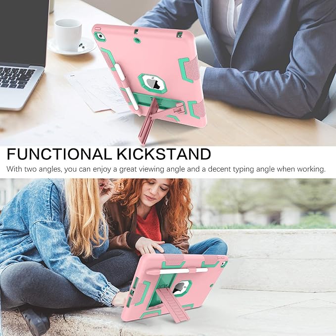 BENTOBEN for iPad 9th Generation Case iPad 8th/7th Gen Case iPad 10.2 2021/2020/2019 Case 3 in 1 Heavy Duty Rugged Kickstand Protective Cover with Pen Holder for Girl Women Rose Gold/Green