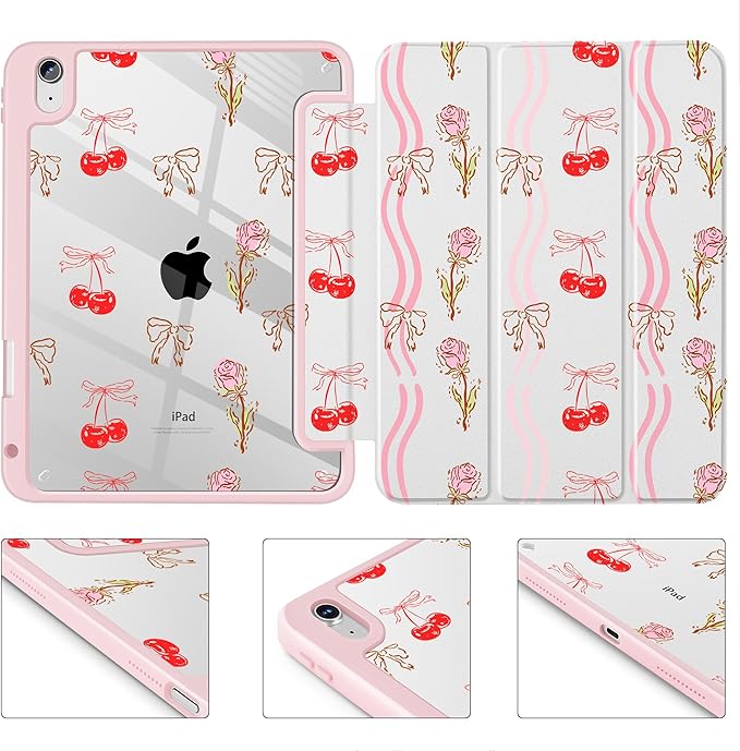 Case for iPad 11 inch A16 2025 Generation 11th / iPad 10.9 inch 2022 10th Gen Buit in Pencil Holder with Shockproof Cover Clear Transparent Back Shell Auto Wake/Sleep Cherry Bow