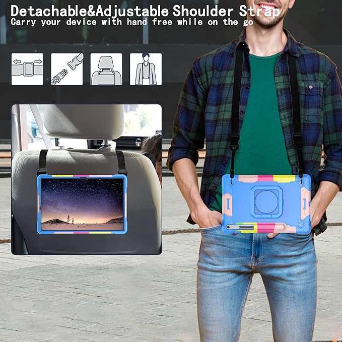 DETUOSI Case for Samsung Galaxy Tab S10 FE Plus 13.1 inch 2025 with Pencil Holder Heavy Duty Shockproof Case with Rotatable Stand &amp Shoulder Strap Camouflage Blue