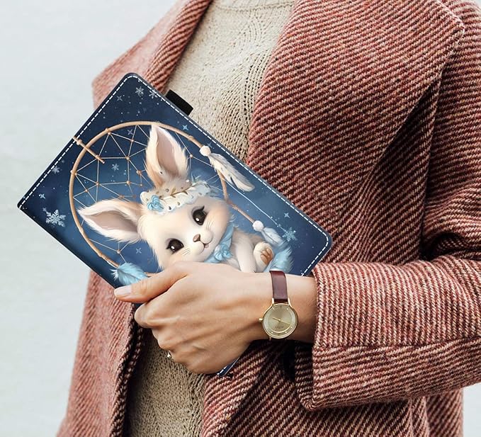 Case for Amazon Kindle Fire 7 Tablet (7 9th/7th Generation 2019/2017 Release) Slim PU Leather Cover with Card Slot &amp Auto Wake/Sleep Dreamcatcher Rabbit