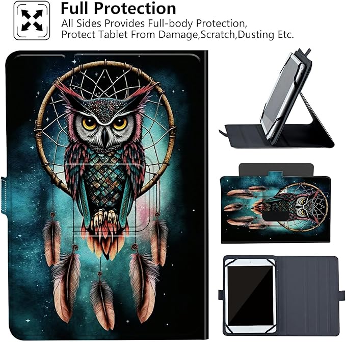 Universal Case for 10.6 inch 11 inch TabletUniversal Case for 10.6-11 Inch Touchscreen TabletSlim PU Leather Stand Folio Shell Cover with 360 Degree Rotatable Kickstand ViewingOwl Dream Catcher