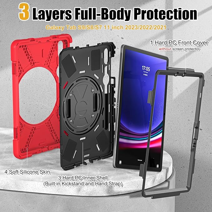 BRAECNstock for Samsung Galaxy Tab S10 Lite/ S10 FE/ S9 FE/ S9/ S8/ S7 5G Case 10.9/ 11 Shockproof Protective Kids Case with Pencil Holder Rotating Hand Strap &amp Stand Shoulder Strap Red