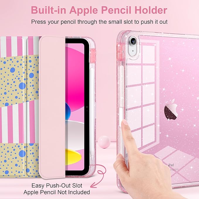MEEgoodo Case for iPad A16 11th Generation 2025/10th Generation 2022 Glitter Tablet Cases with Transparent Acrylic Back+Trifold Stand +Pencil Holder+Auto Wake/SleepPink Stripes &amp Blue Dots