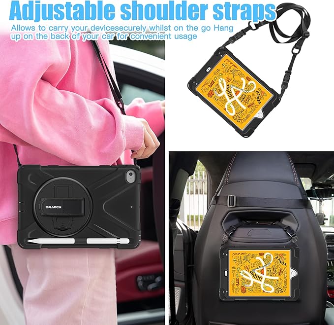 BRAECNstock for Apple iPad mini 5/4 Case 2019/2015 7.9 Shockproof Protective Cover with Pencil Holder Rotating Hand Strap &amp Stand Shoulder Strap Case for iPad mini 5th/4th Generation Black