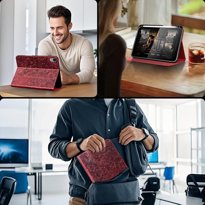 Gexmil Leather Case for iPad mini 7 (A17 Pro) 2024 / iPad mini 6 Generation 2021 8.3 InchPremium Cowhide Cover with Pencil HolderAdjustable Stand Auto Wake/SleepFloral Red