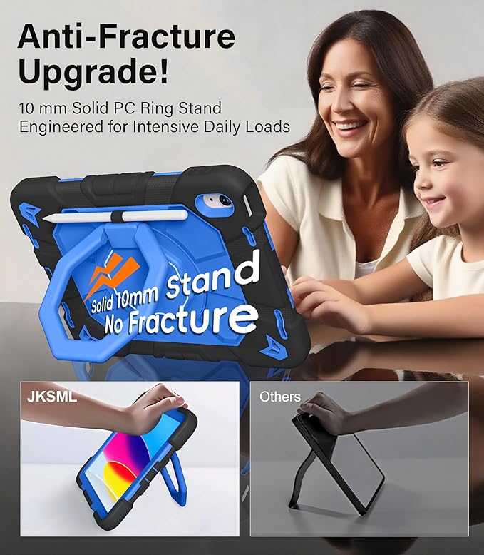 JKSML Case for iPad (A16) 11th/10th Gen | 360° Rugged Rotating Stand | Pencil Holder | Adjustable Shoulder Strap | Heavy Duty Drop Protective Cover for iPad 10.9 (2022)/ 11 (2025) - Blue Black-z