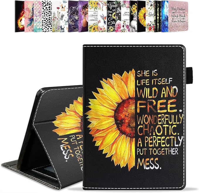 Case for Amazon Kindle Fire 7 Tablet (7 Display 9th/7th Generation 2019/2017 Release) - PU Leather Folio Case with Smart Auto Wake/Sleep Sunflower Floral Quote