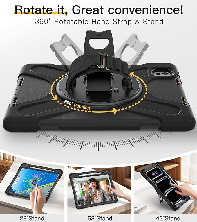 BRAECN Case for iPad Pro 11 inch M5 2025 &amp M4 2024 4 Layers Heavy Duty Full-Body Protection Screen Protector Pencil Holder 360° Rotating Handle Kickstand Shoulder Strap Kids Friendly
