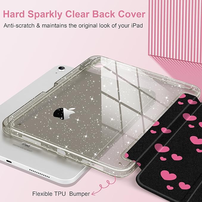 MEEgoodo Case for iPad A16 11th Generation 2025/10th Generation 2022 Glitter Tablet Cases with Transparent Acrylic Back+Trifold Stand +Pencil Holder+Auto Wake/SleepPink Hearts