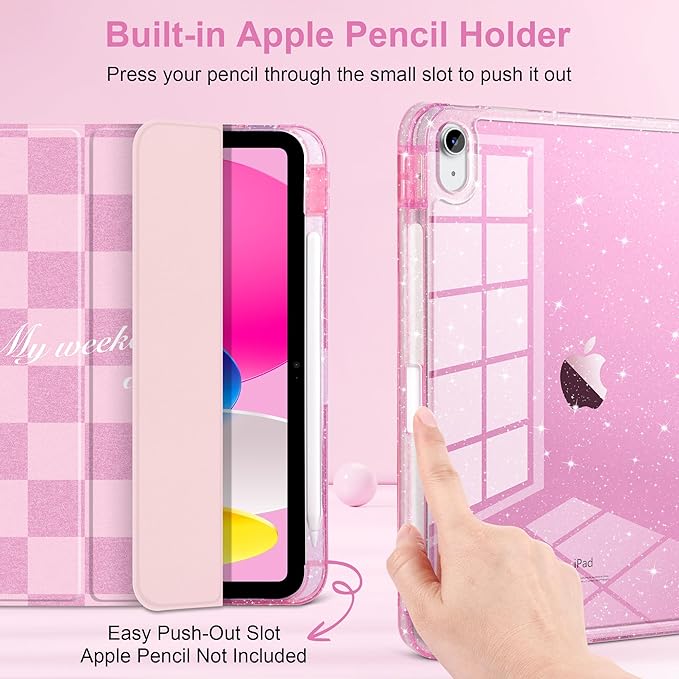 TWOLSKOO Sparkly Case for iPad Pro 11 inch (M5 2025 / M4 2024) Glitter Hard Acrylic Back with Pencil Holder Slim Trifold Stand Folio Cover Auto Sleep/Wake Pink Checkerboard