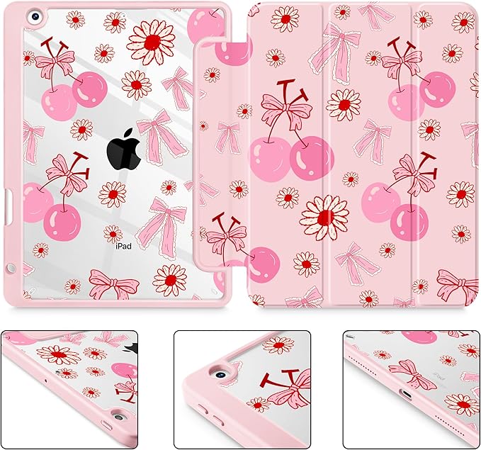 for iPad 9th Generation with Pencil Holder iPad 8th/7th Gen Case 10.2-inch [Built in Pencil Holder] Trifold Stand Auto Wake/Sleep Clear TPU Protection Back Cover Cherry Bow P705