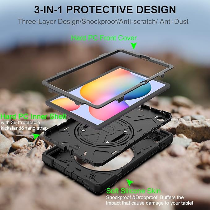 BRAECN for Samsung Galaxy Tab S6 lite Case 10.4 inch 2024/2022Rugged Shockproof Case with 360 Rotating Hand Strap&ampKickstand Shoulder Strap S Pen Holder for Samsung Galaxy Tab S6 Lite Tablet -Bl