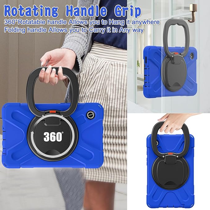 Case for Galaxy Tab A9 8.7 2023 (SM-X110/ X115) Heavy Duty Protective Case with 360 Degree Swivel Stand&ampHand Strap&ampShoulder Strap (Blue)