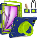 Case for iPad Air 11 inch Case M3 2025/ M2 2024 (Air 7th/6th Generation) Heavy Duty Shockproof Cover with Screen Protector 360° Rotating Stand Pencil Holder Shoulder Strap (Navy+Green)
