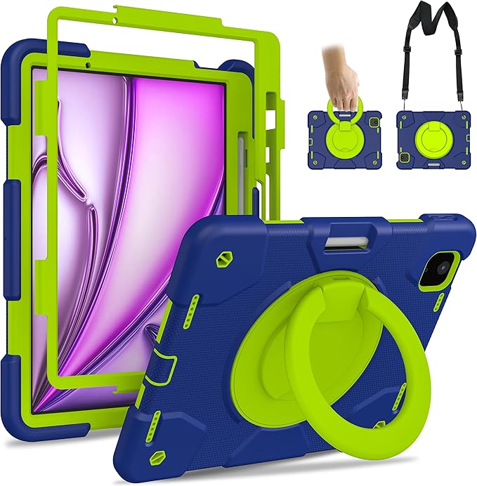 Case for iPad Air 11 inch Case M3 2025/ M2 2024 (Air 7th/6th Generation) Heavy Duty Shockproof Cover with Screen Protector 360° Rotating Stand Pencil Holder Shoulder Strap (Navy+Green)
