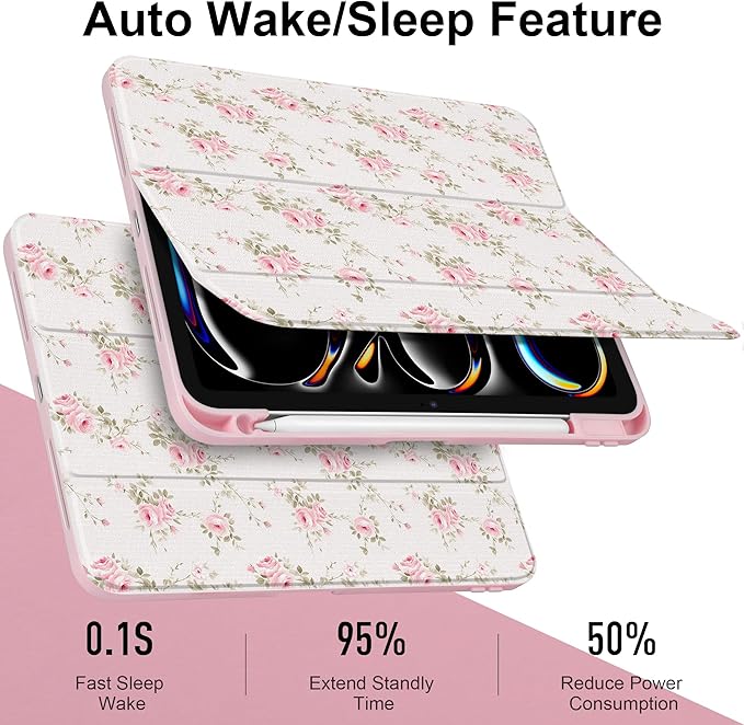 Case for iPad Pro 11 Inch (M5 2025 M4 2024) – [Built-in Pencil Holder] Shockproof &amp Stylish Clear Hard Back + Soft TPU Edge Magnetic Trifold Stand Auto Wake/Sleep Little Rose