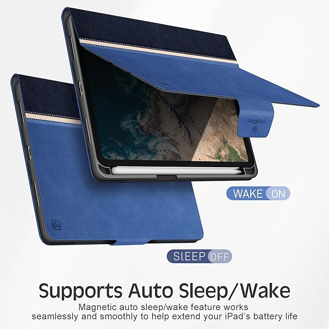 KingBlanc Case for iPad mini 7 (A17 Pro) iPad mini 7th/6th Generation (2024/2021 8.3 inch) with Pencil Holder Vegan Leather Stand Cover Auto Sleep/Wake Adjustable Viewing/Drawing Angle Blue