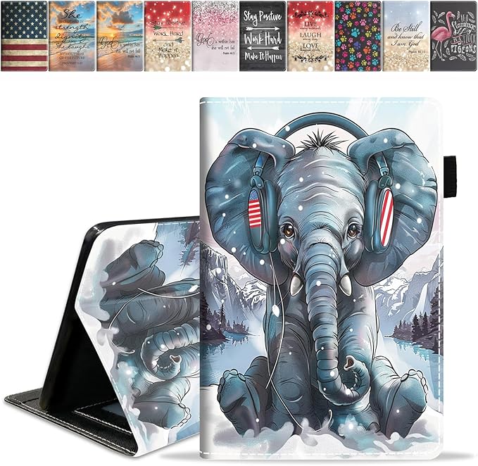 Case for Amazon Kindle Fire 7 Tablet (7 9th/7th Generation 2019/2017 Release) Slim PU Leather Cover with Card Slot &amp Auto Wake/Sleep Headphones Music Elephant