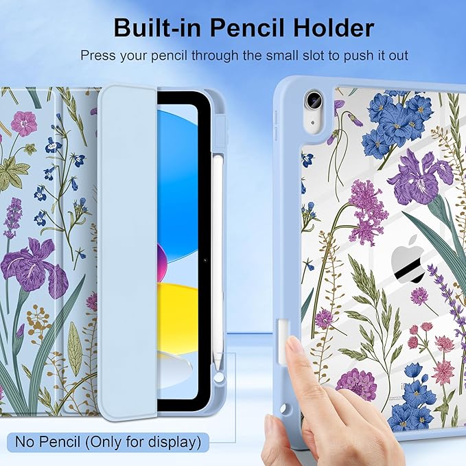 DONGKE Case for iPad (A16) 11th Generation 11 inch 2025 &amp iPad 10th Gen 10.9 inch 2022 [Built-in Pencil Holder] Clear Acrylic Back Trifold Stand Smart Cover Auto Sleep/Wake Blue Wildflower
