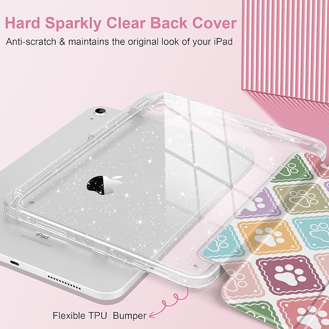 MEEgoodo Case for iPad A16 11th Generation 2025/10th Generation 2022 Glitter Tablet Cases with Transparent Acrylic Back+Trifold Stand +Pencil Holder+Auto Wake/SleepDog Paw &amp Checked