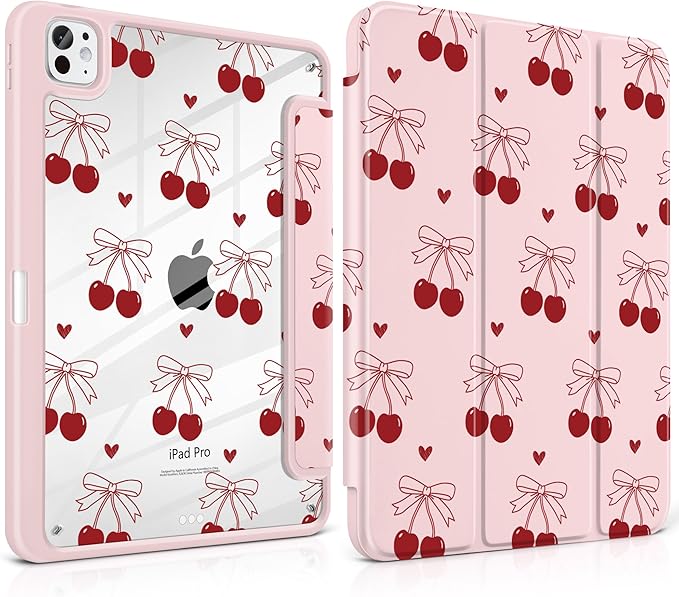 DONGKE for iPad Pro 11-Inch Case (M5 2025 / M4 2024) 6th/5th Generation [Auto Sleep/Wake &amp Pencil Pro Holder] Clear Acrylic Back Smart Trifold Stand Cover Cherry &amp Heart