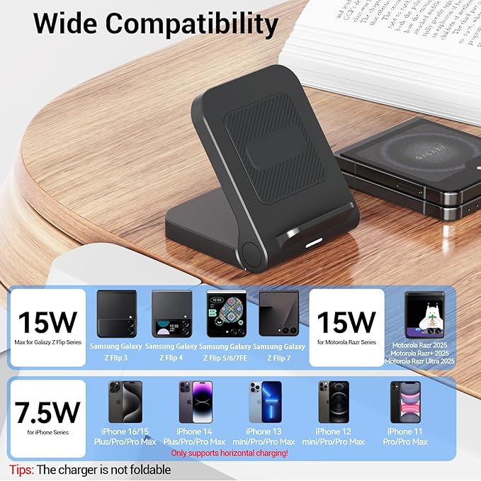 Geyo Wireless Charger for Samsung Galaxy Z Flip 15W Fast Wireless Charging Stand Compatible with Z Flip 7/6/5/4 for Motorola Razr/Razr+/Razr Ultra 2025 Non-Fold (QC3.0 Adapter Included) Black